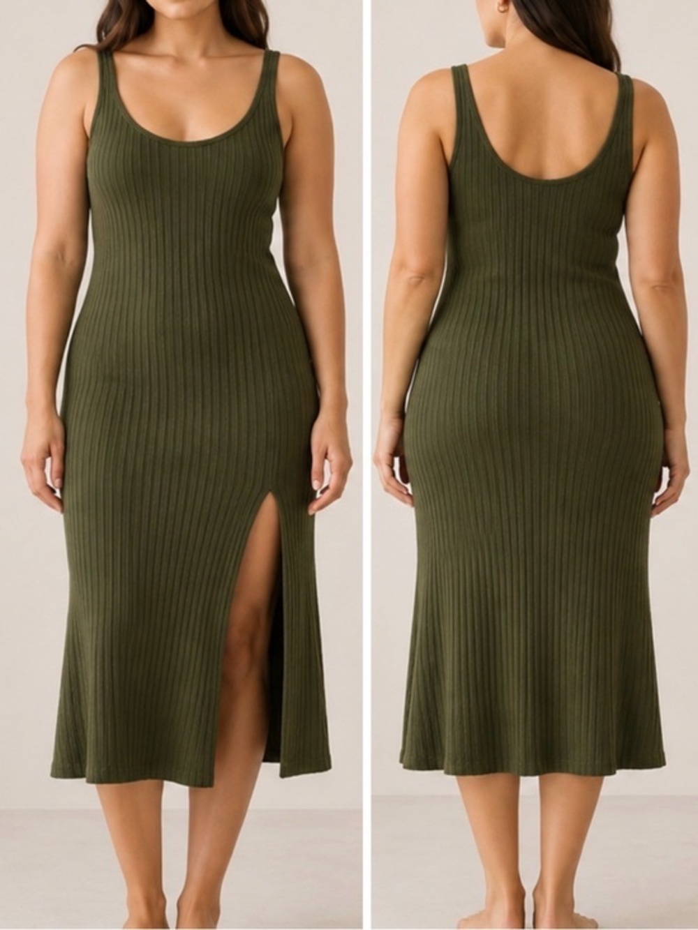 Vitamin A Olive Ribbed Tank Midi Dress with Side Slit